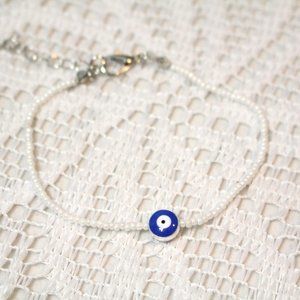 White Simple Seed Bead Minimialist Evil Eye Bracelet or Anklet